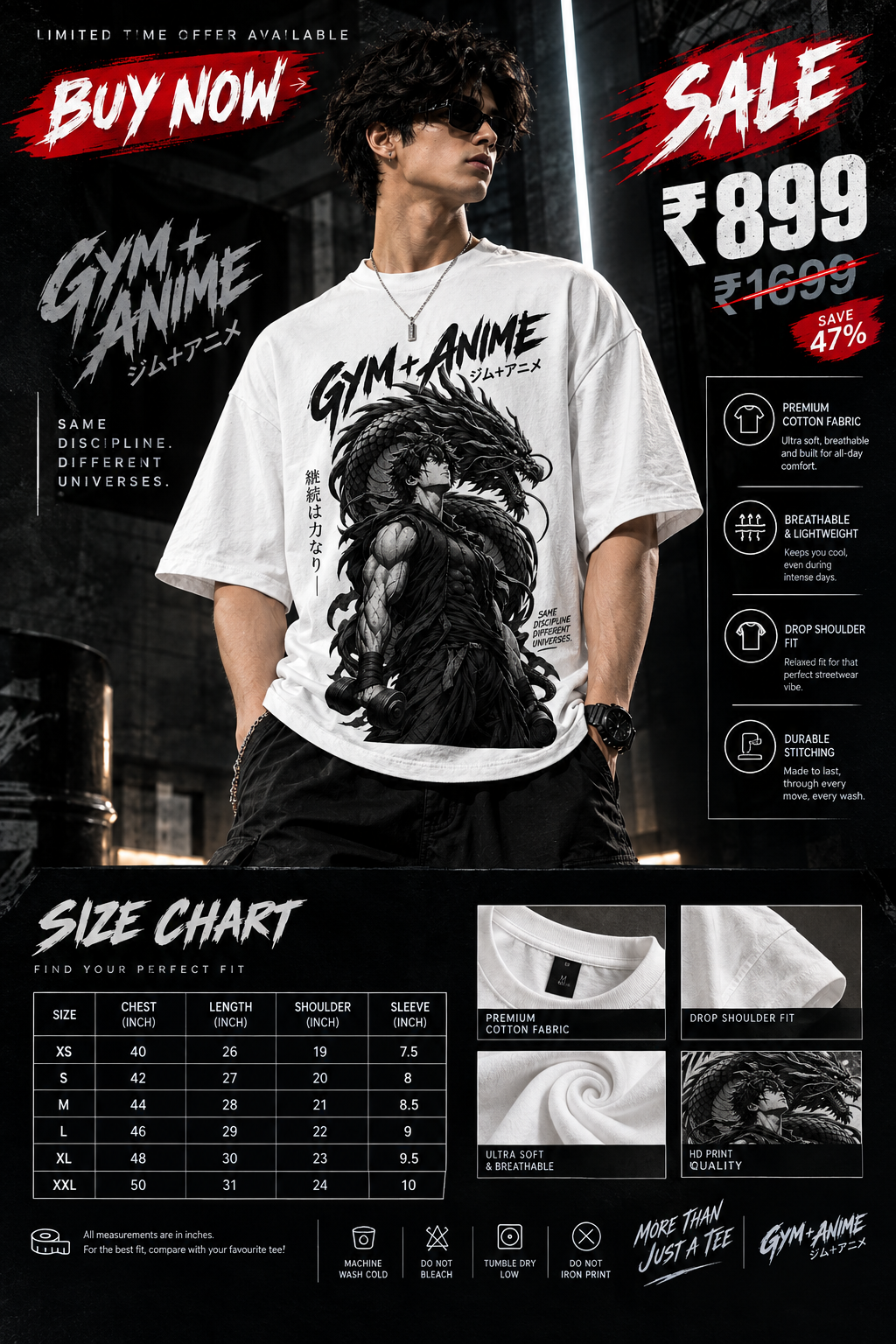Kaizen — Limitless Discipline: Anime × Gym Warrior Drop-Shoulder T-Shirt