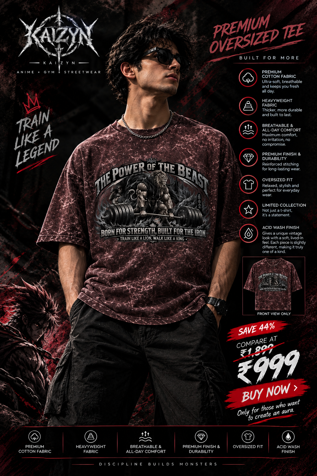 Born for Strength — Acid Wash Heavyweight Gym T-Shirt | Train Like a Lion