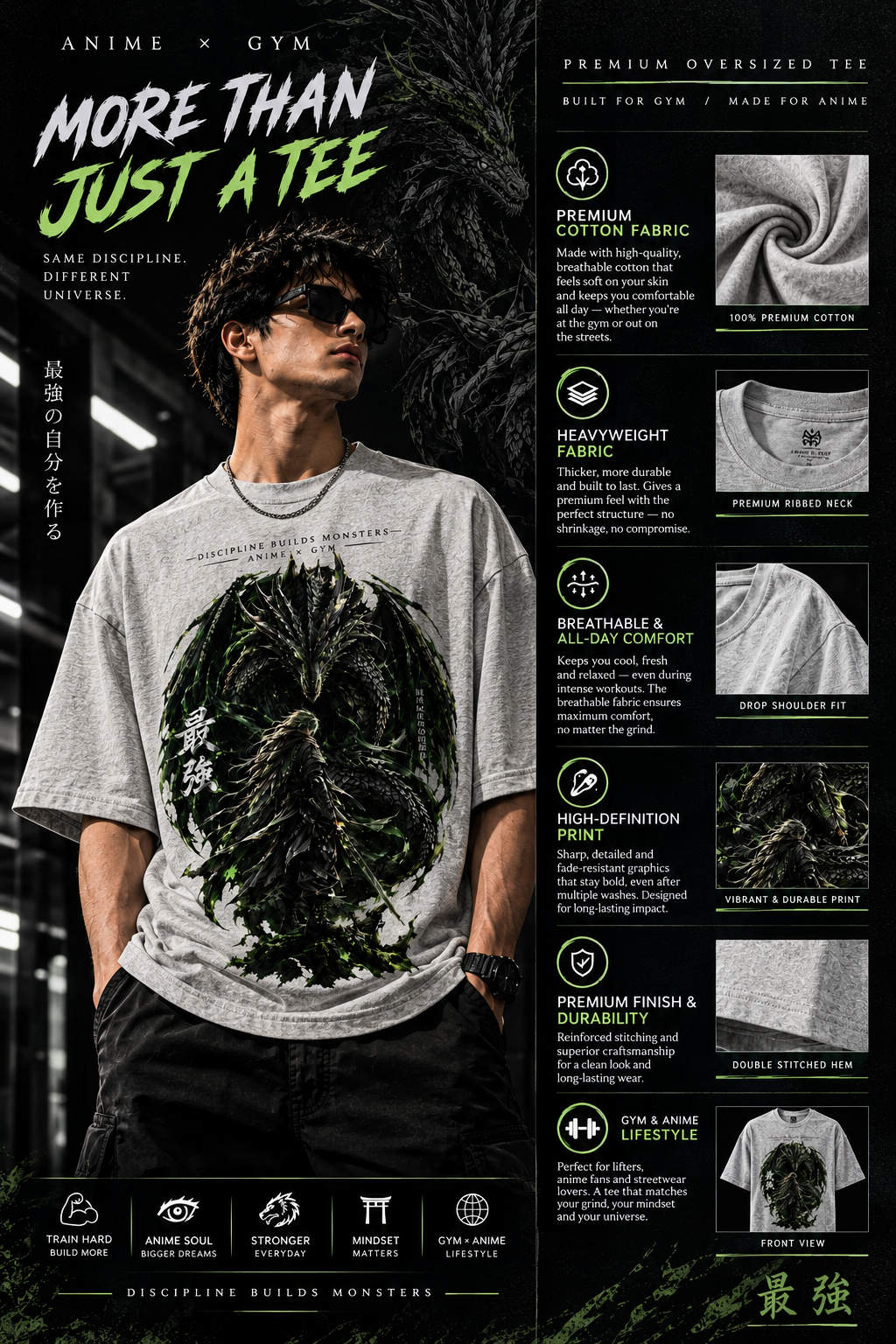 Kaizen — Unleash Your Strength | Dark Dragon Anime Drop-Shoulder T-SHIRT