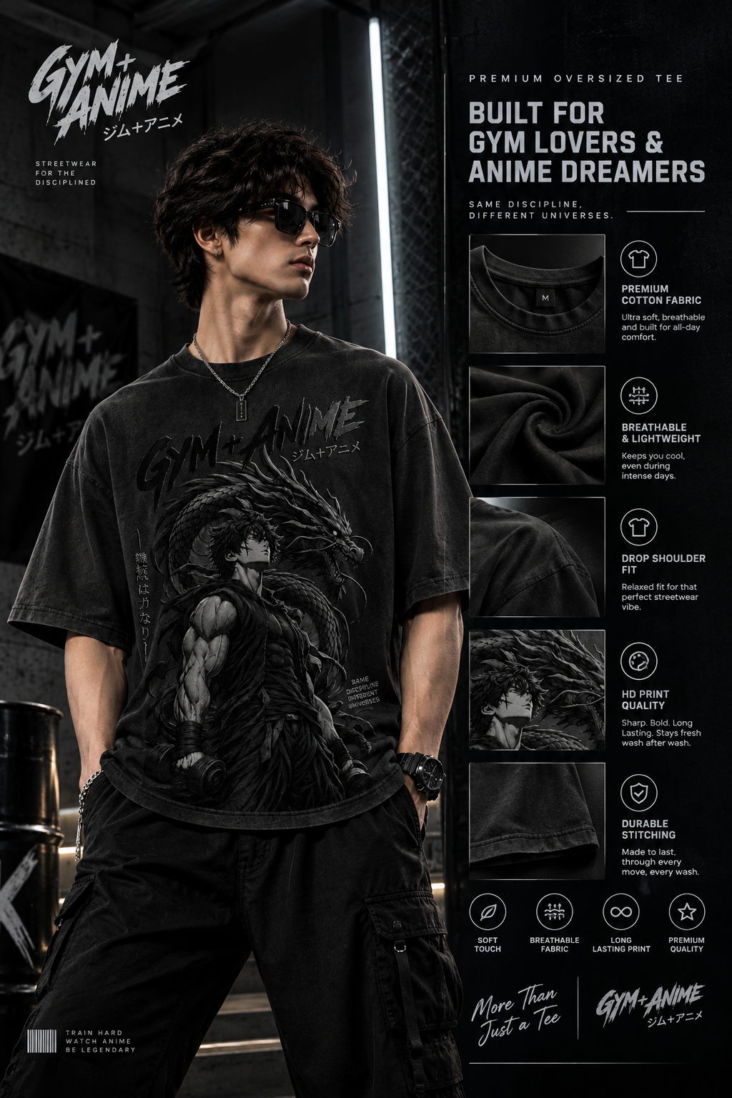 Kaizen — Limitless Discipline: Anime × Gym Warrior Drop-Shoulder T-Shirt