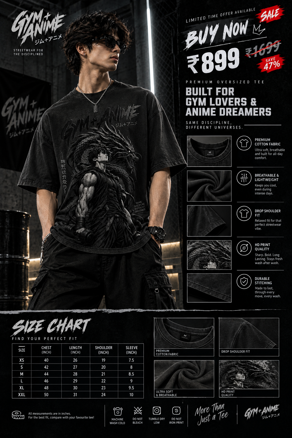 Kaizen — Limitless Discipline: Anime × Gym Warrior Drop-Shoulder T-Shirt