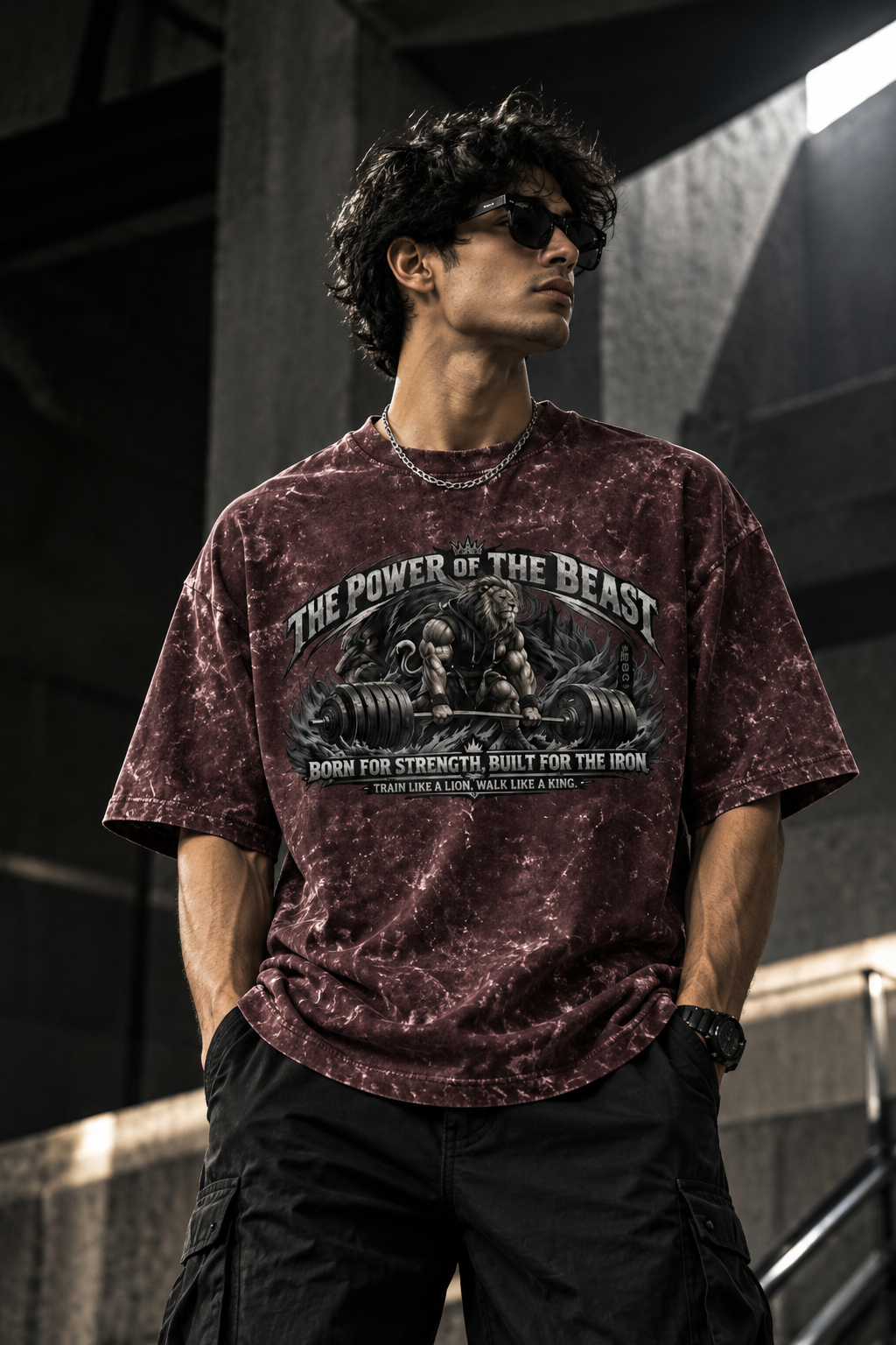 Born for Strength — Acid Wash Heavyweight Gym T-Shirt | Train Like a Lion