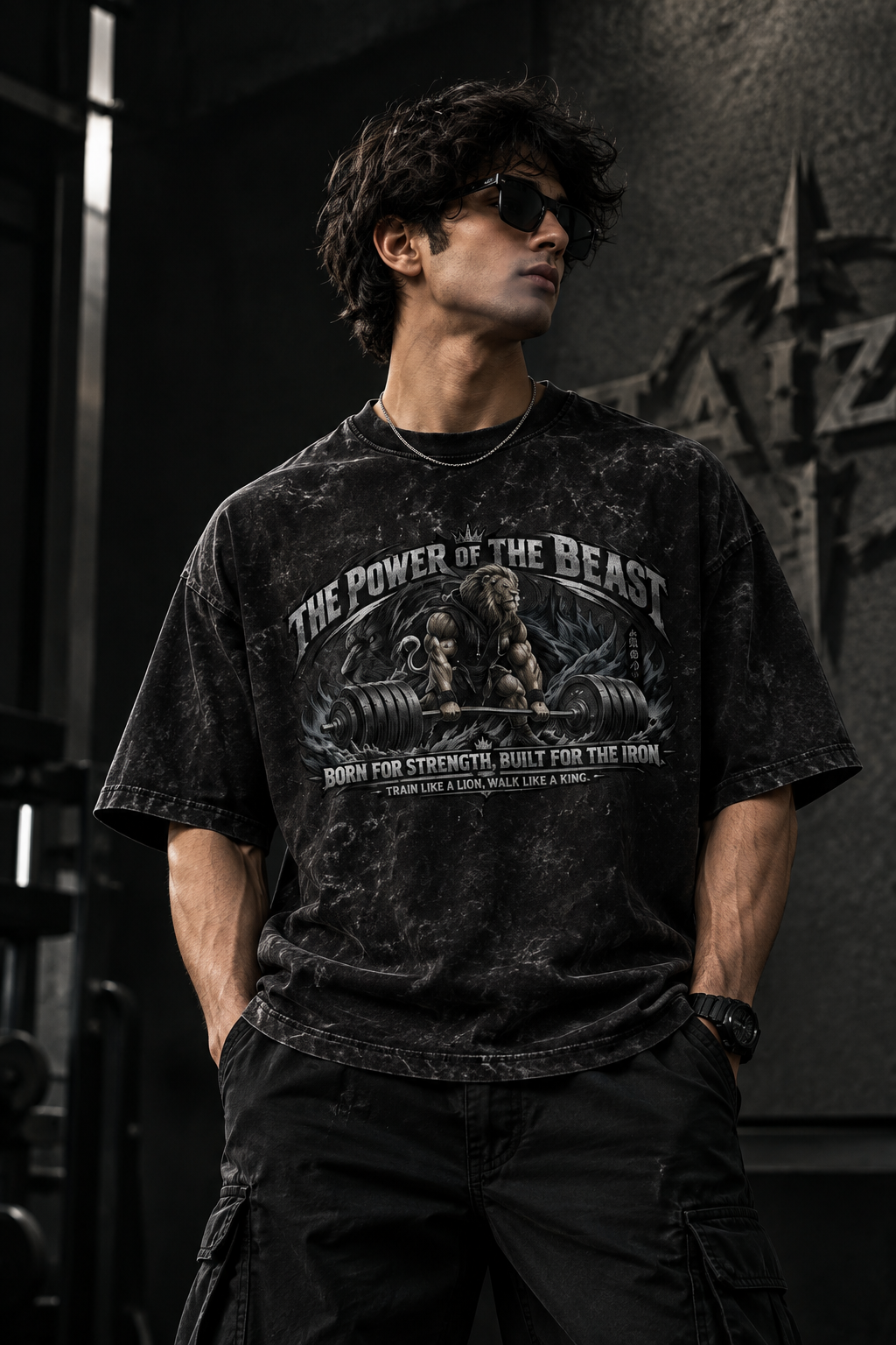 Born for Strength — Acid Wash Heavyweight Gym T-Shirt | Train Like a Lion