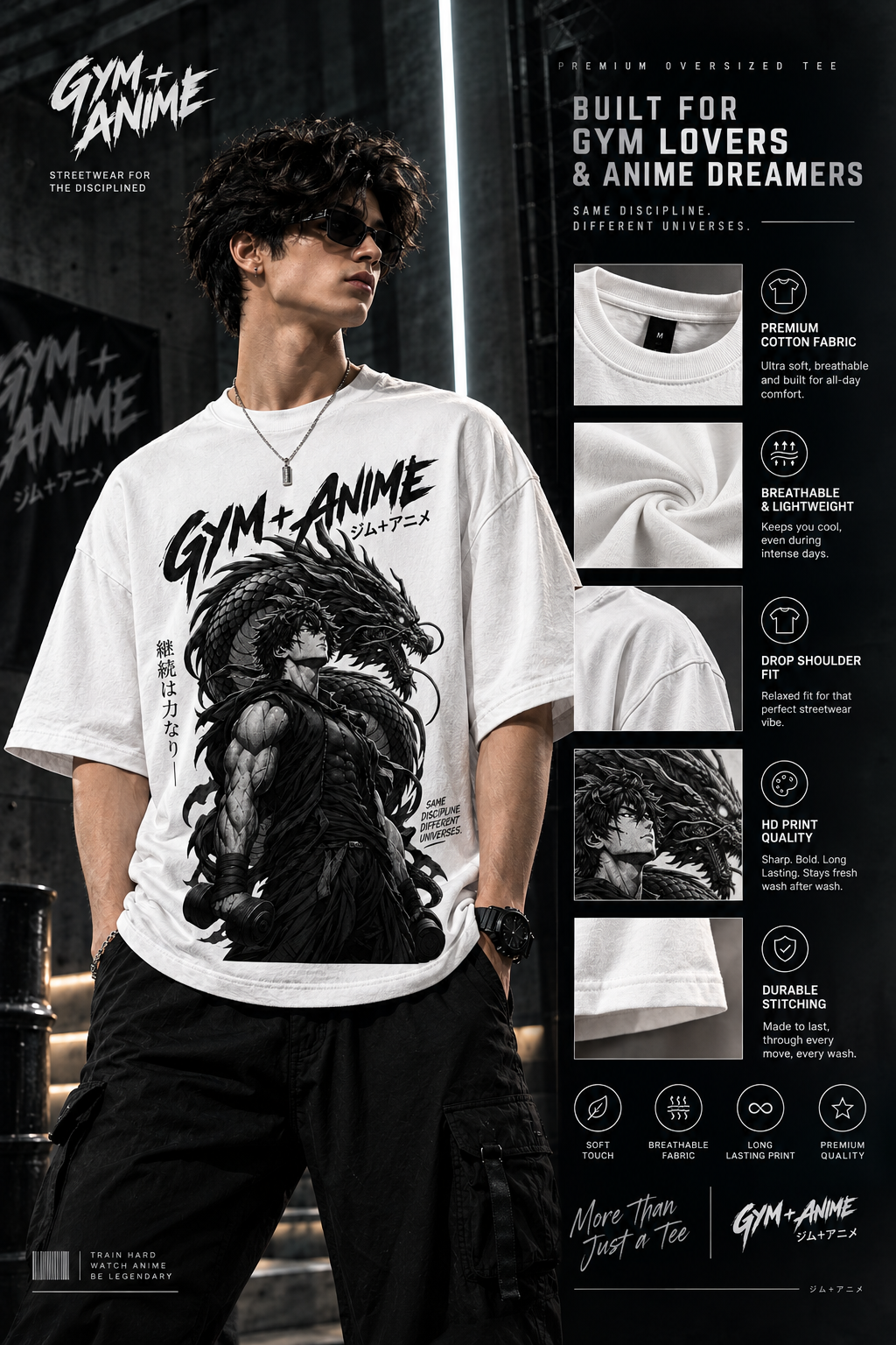 Kaizen — Limitless Discipline: Anime × Gym Warrior Drop-Shoulder T-Shirt